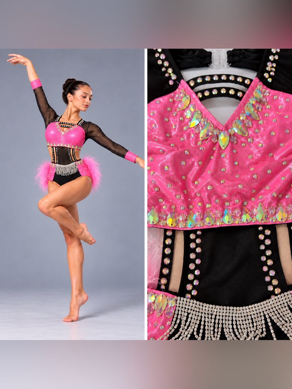 Glamour solo dance costume hot pink Feather rhinestone jazz LC-large child